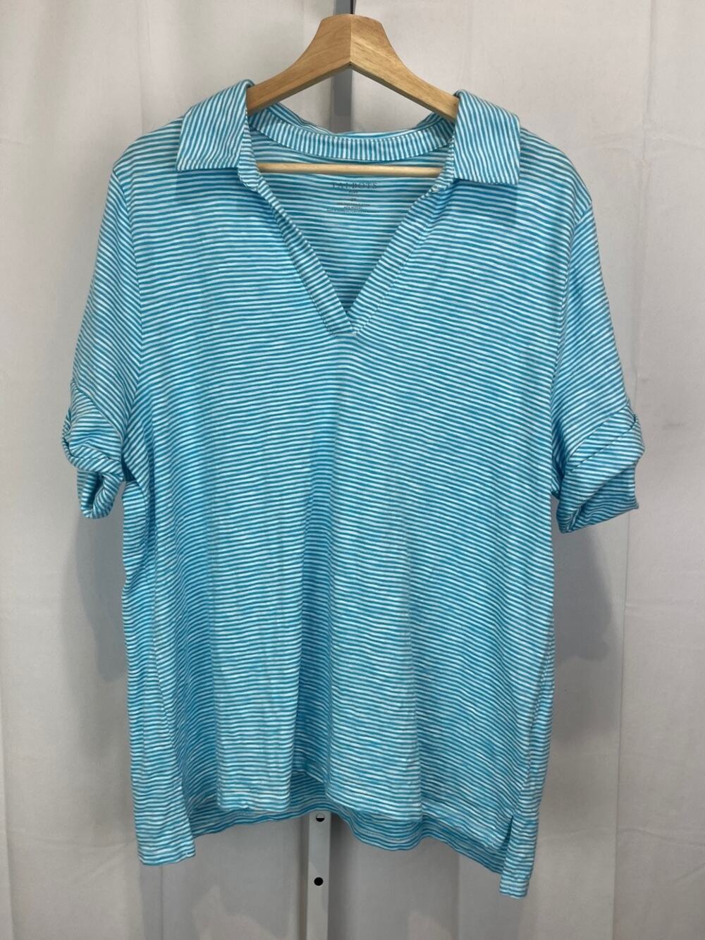 TALBOTS Striped Johnny Collar Short Sleeve Striped Top Cotton Blend Blue 2X Plus